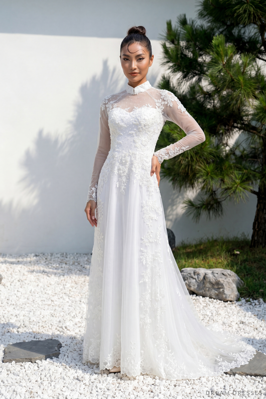 White Bridal Ao Dai | Modern Vietnamese Bridal Dress (#LING) - Dream Dresses by P.M.N.