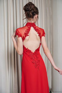 Red Bridal Ao Dai | Short Sleeves Vietnamese Bridal Dress (#ZOE) - Dream Dresses by P.M.N.