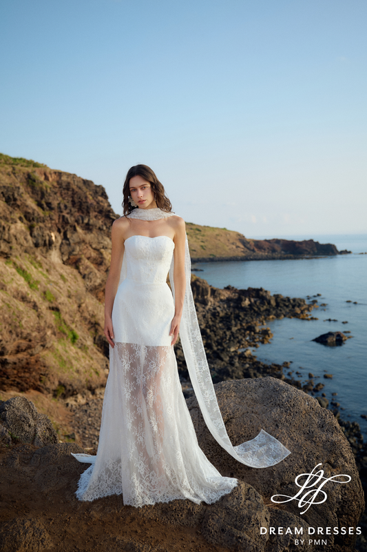 Strapless Lace Reception Dress with Scarf (#CORAL) - Dream Dresses by P.M.N.