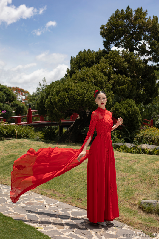 Red Bridal Ao Dai | Modern Vietnamese Bridal Dress with Couture Lace (#NOA) - Dream Dresses by P.M.N.