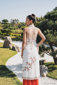 Cheongsam-Inspired Ao Dai | Ivory Silk Ao Dai with Embroidery (#YUE) - Dream Dresses by P.M.N.