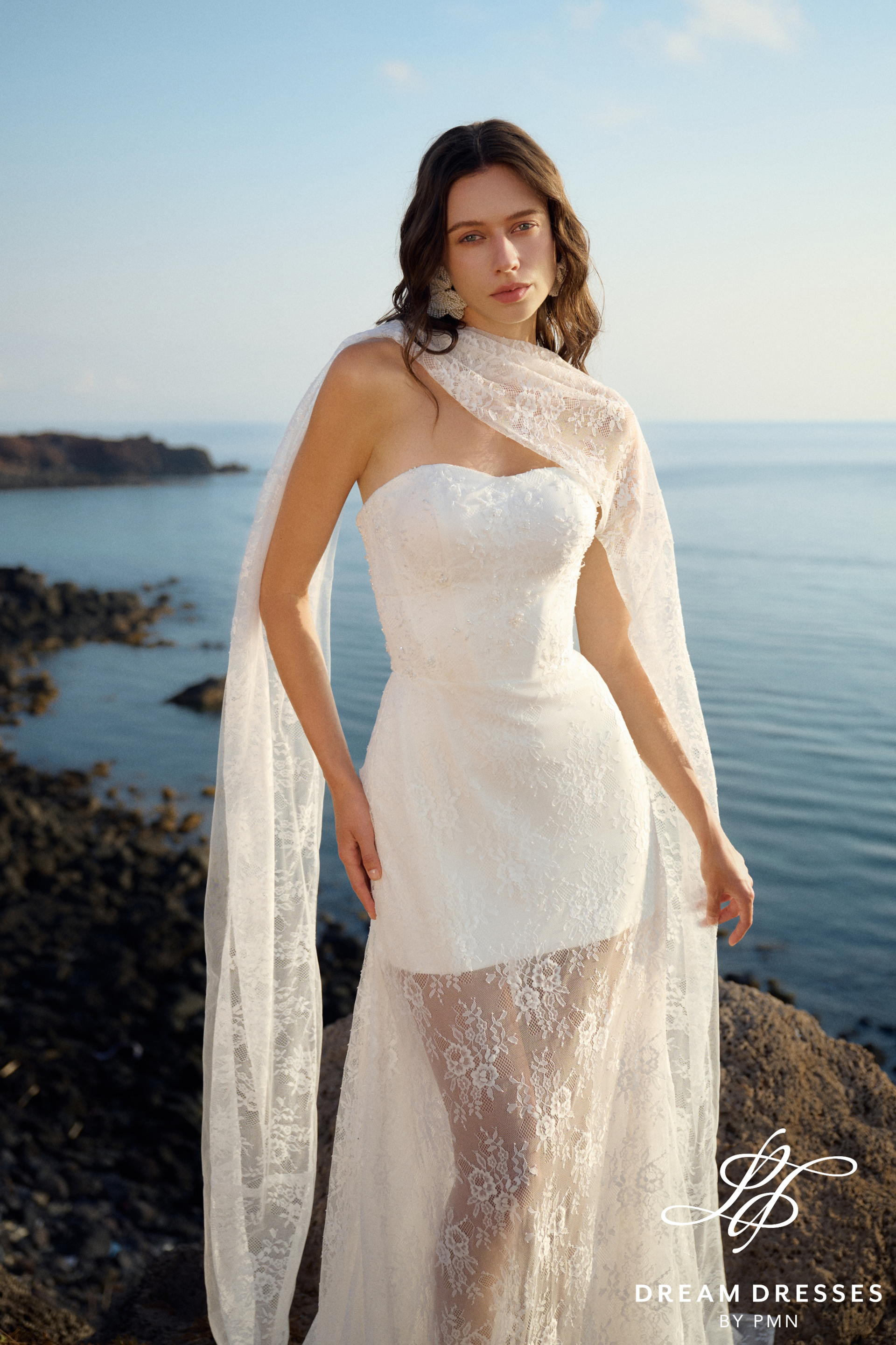 Strapless Lace Reception Dress with Scarf (#CORAL)