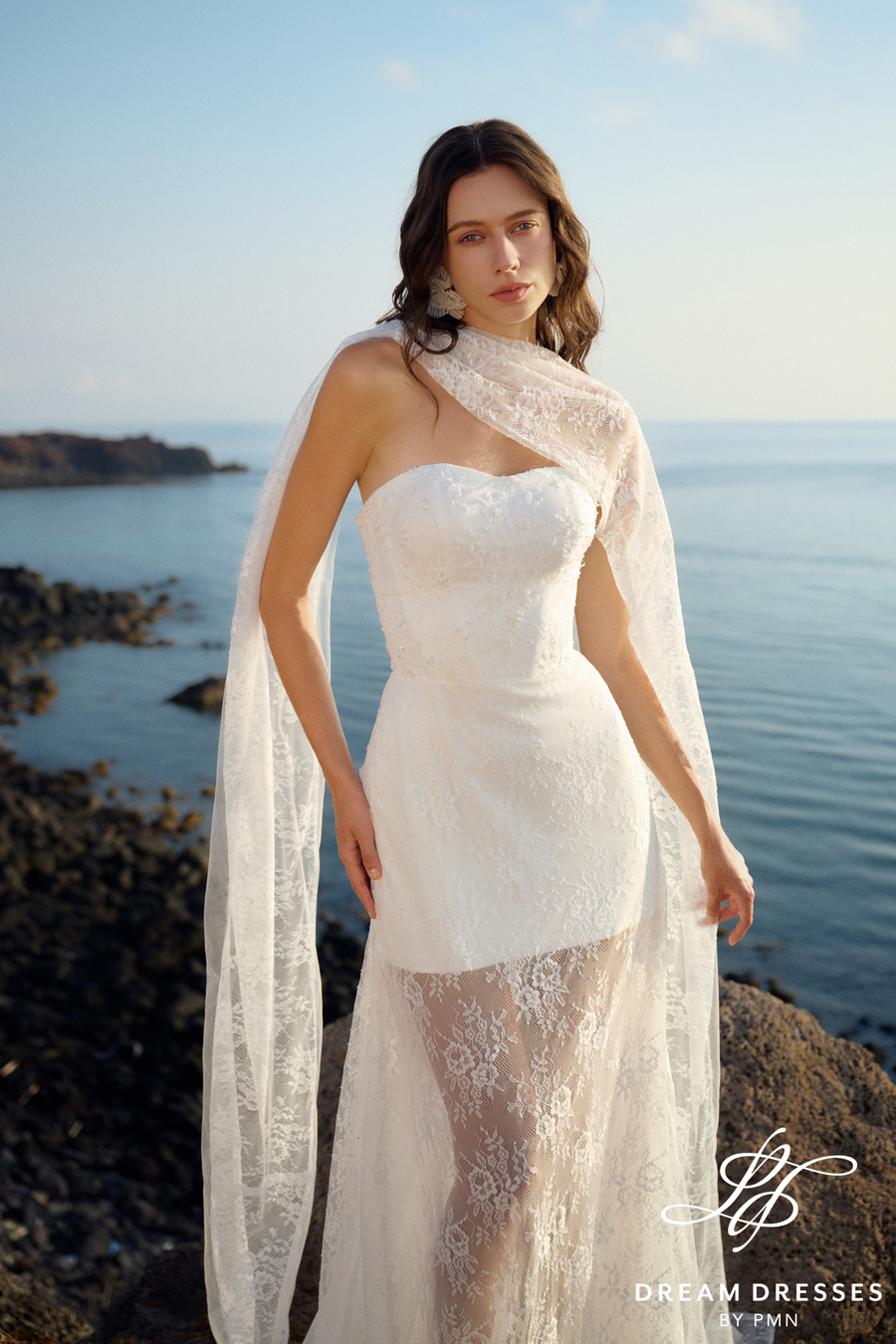 Strapless Lace Reception Dress with Scarf (#CORAL) - Dream Dresses by P.M.N.