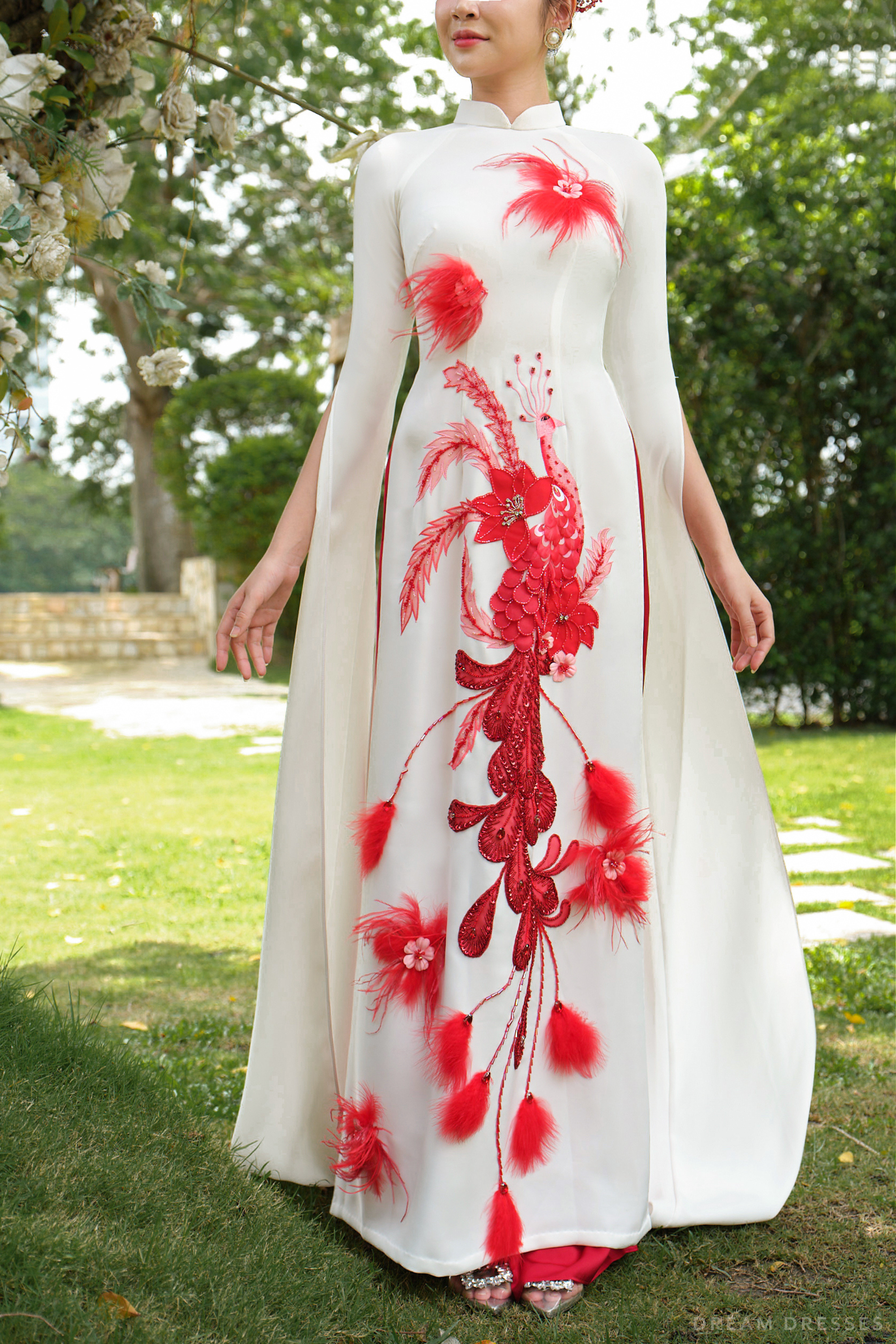 DreamDress By PMN Lamie Ao Dai Inspired White Wedding Dress Gown Handmade Embellishments Red Pants | Size: 24 DreamDress By PMN Lamie Ao Dai Inspired White Wedding Dress Gown Handmade Embellishments Red Pants | Size: 24