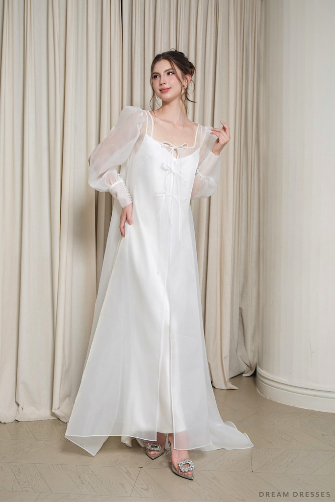 ivory evening dress V Neck Long Sleeve Simple Ivory Wedding Dress