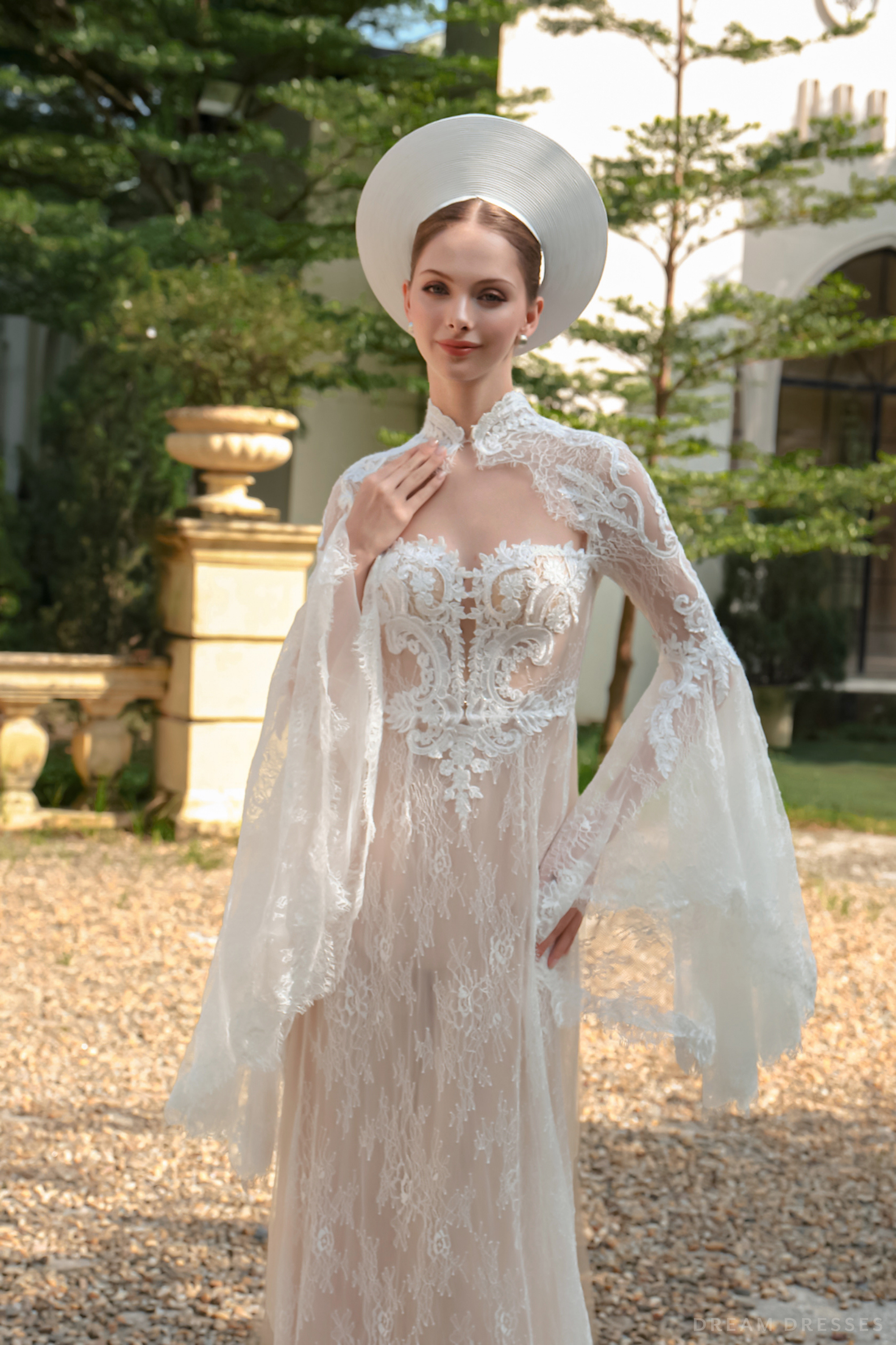 White Bridal Ao Dai | Modern Vietnamese Bridal Dress with French Lace (#RUBINA)