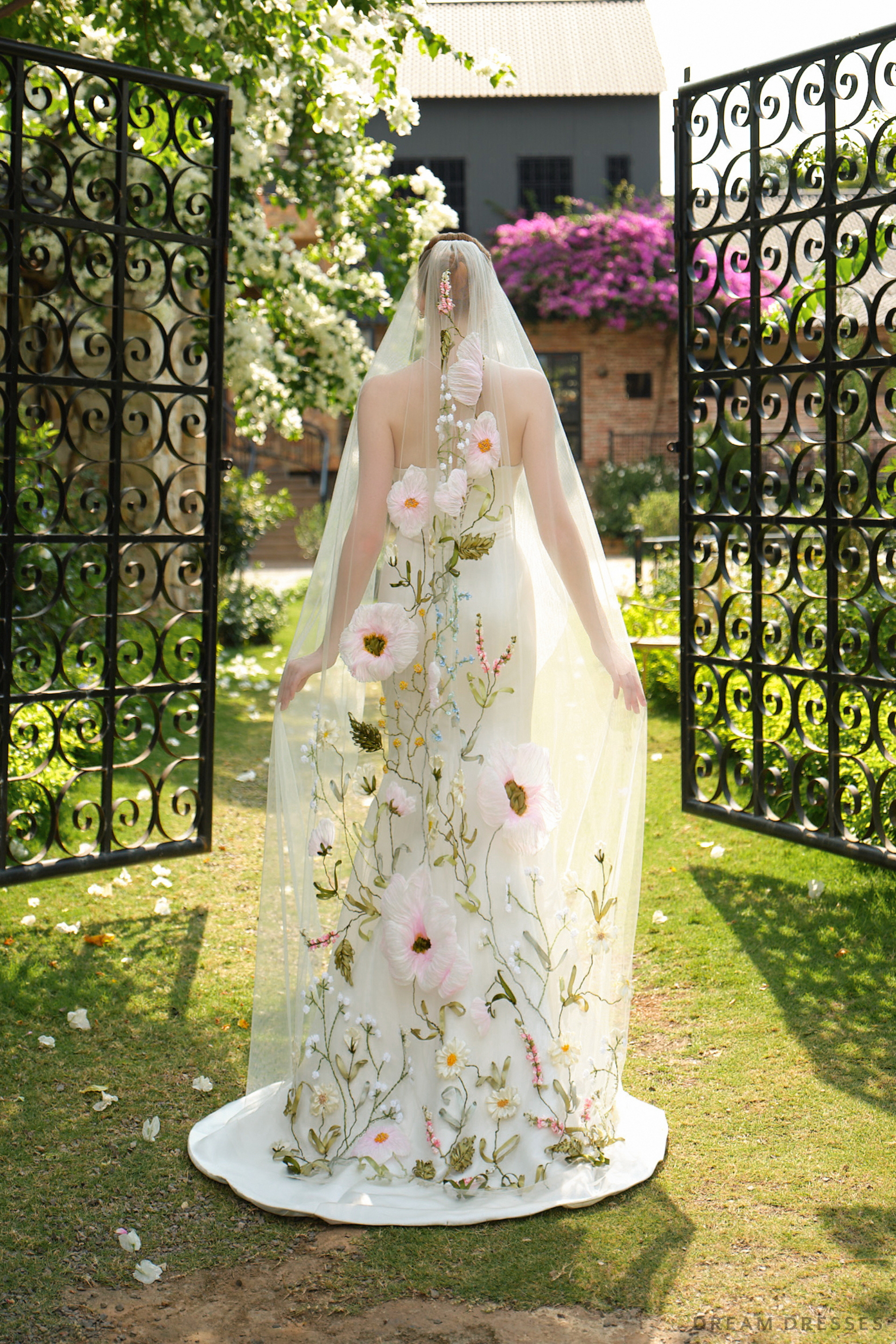 Handcrafted Floral & Ribbon Wedding Veil (#FLORA) - Dream Dresses by P.M.N.