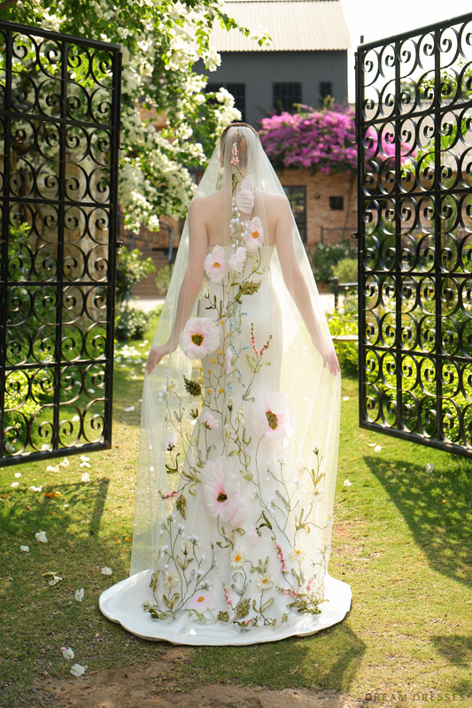 Handcrafted Floral & Ribbon Wedding Veil (#FLORA) - Dream Dresses by P.M.N.