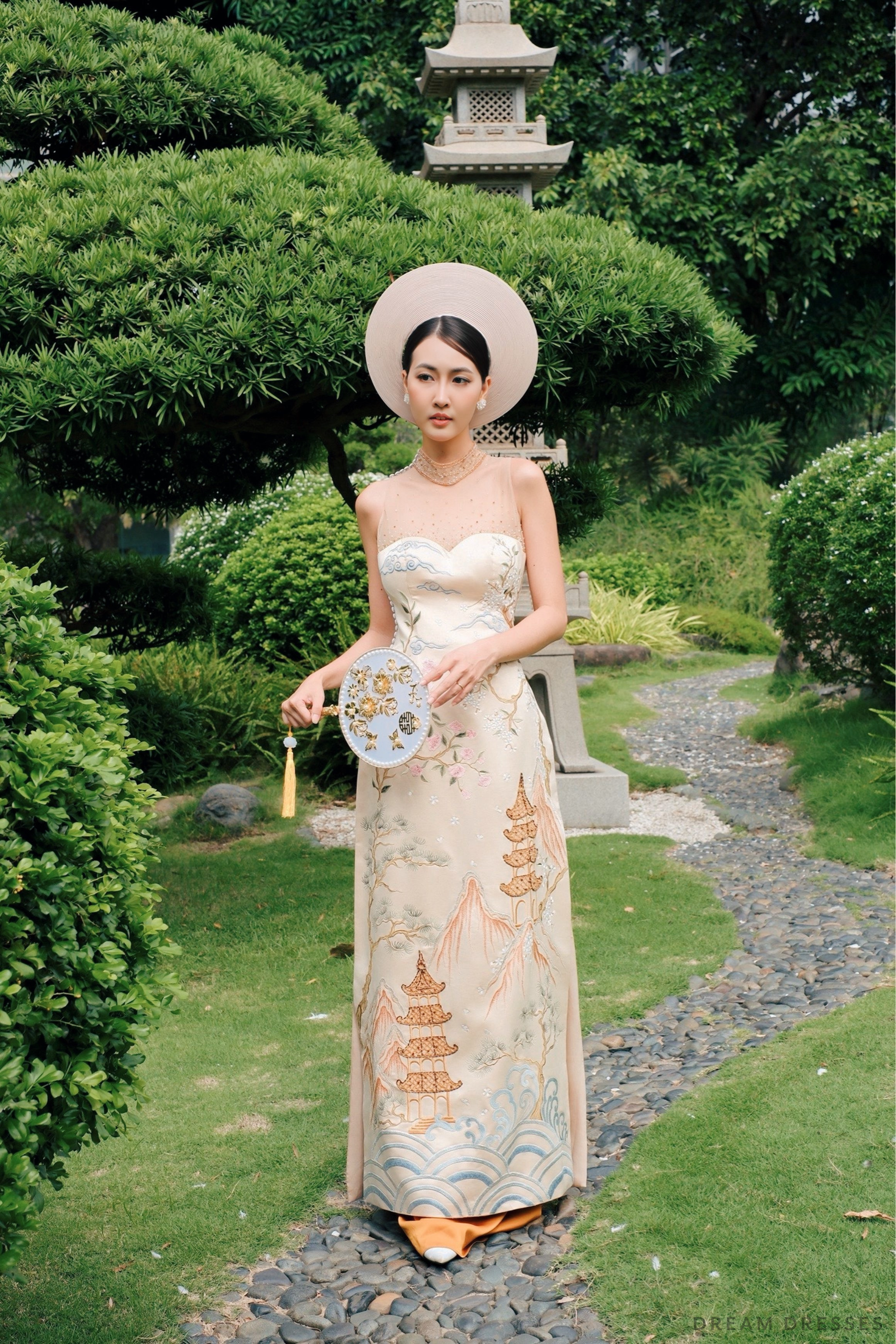 DreamDress By PMN Meilyn Ao Dai Inspired Wedding Dress Gown Illusion Sheer Back Floral Embellishments Gold Pants