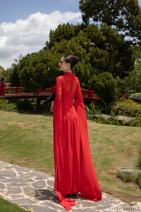Red Bridal Ao Dai | Modern Vietnamese Bridal Dress with Couture Lace (#NOA) - Dream Dresses by P.M.N.
