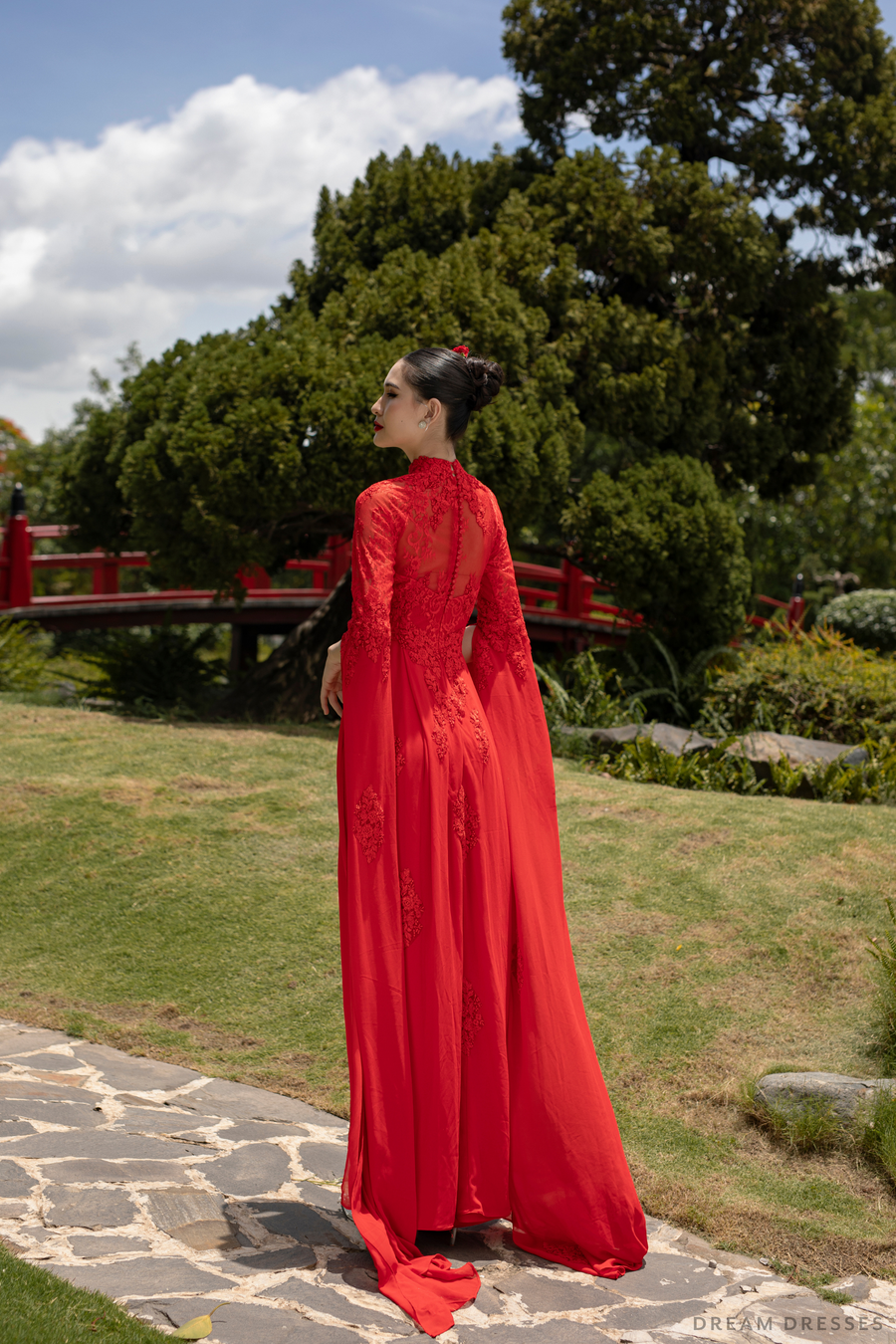 Red Bridal Ao Dai | Modern Vietnamese Bridal Dress with Couture Lace (#NOA) - Dream Dresses by P.M.N.