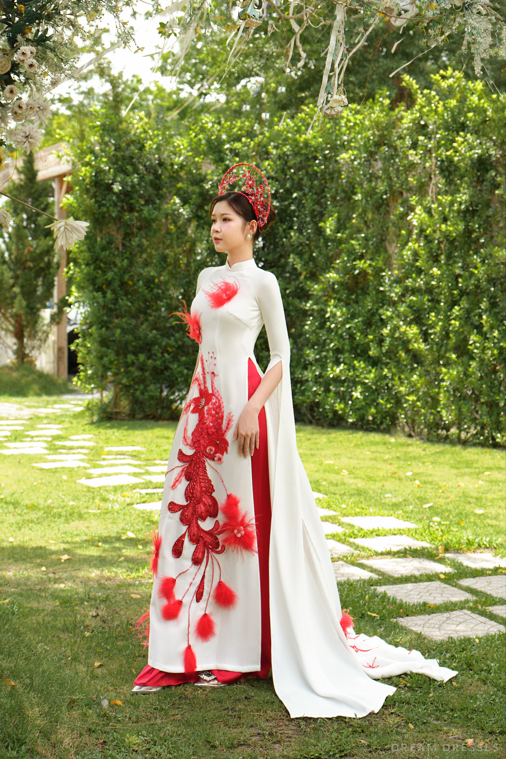 DreamDress By PMN Lamie Ao Dai Inspired White Wedding Dress Gown Handmade Embellishments Red Pants