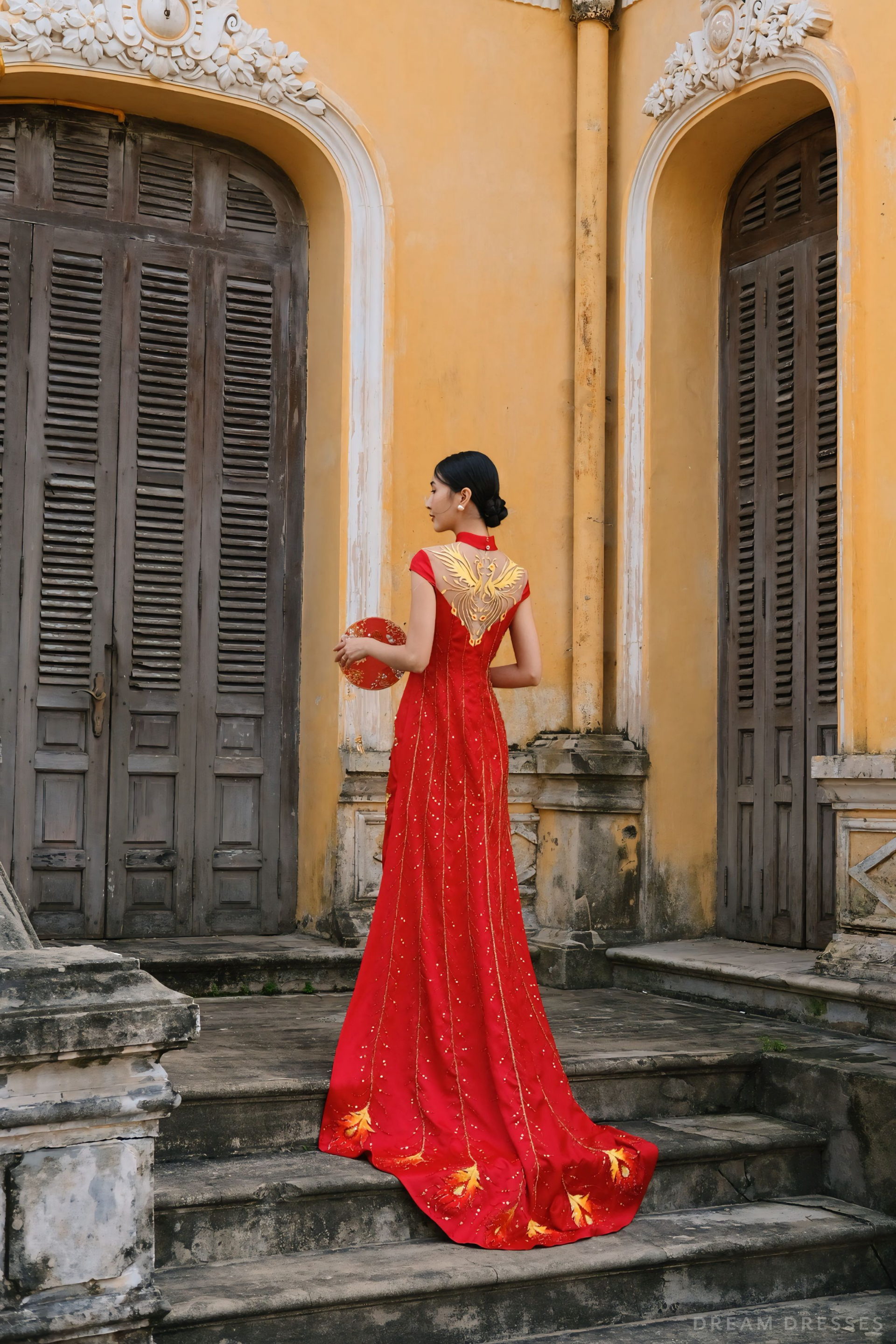 DreamDress By PMN Lanie Chinese Cheongsam Inspired Wedding Dress Gown Illusion Neckline Back Golden Phoenix Embellishments Chapel
