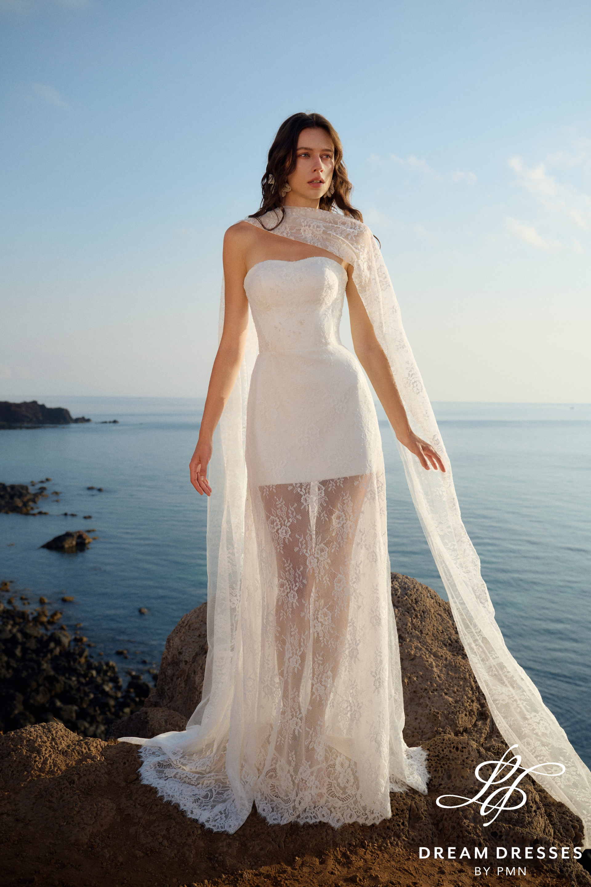 Strapless Lace Reception Dress with Scarf (#CORAL)