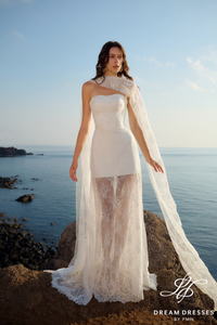Strapless Lace Reception Dress with Scarf (#CORAL)