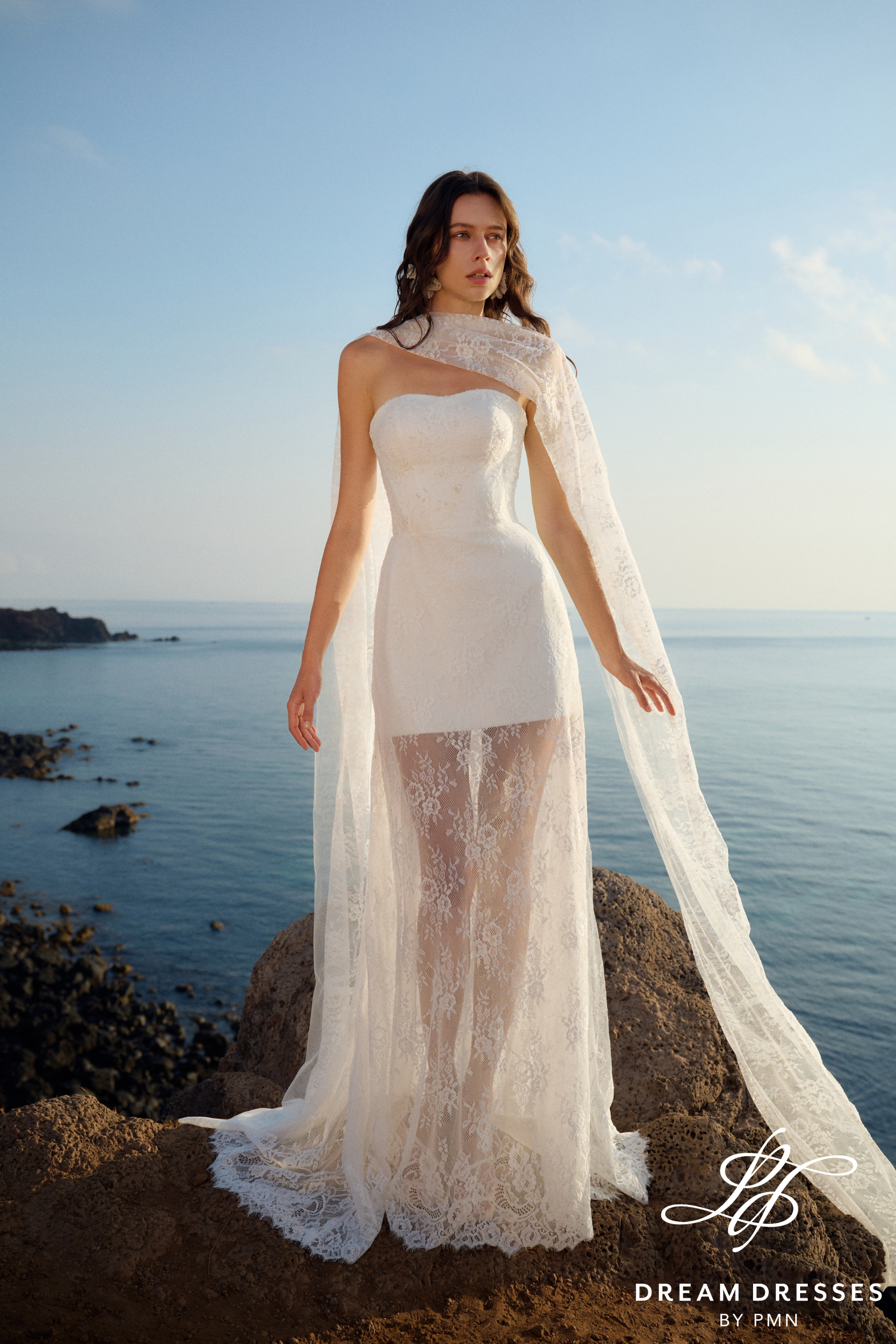 Strapless Lace Reception Dress with Scarf (#CORAL) - Dream Dresses by P.M.N.