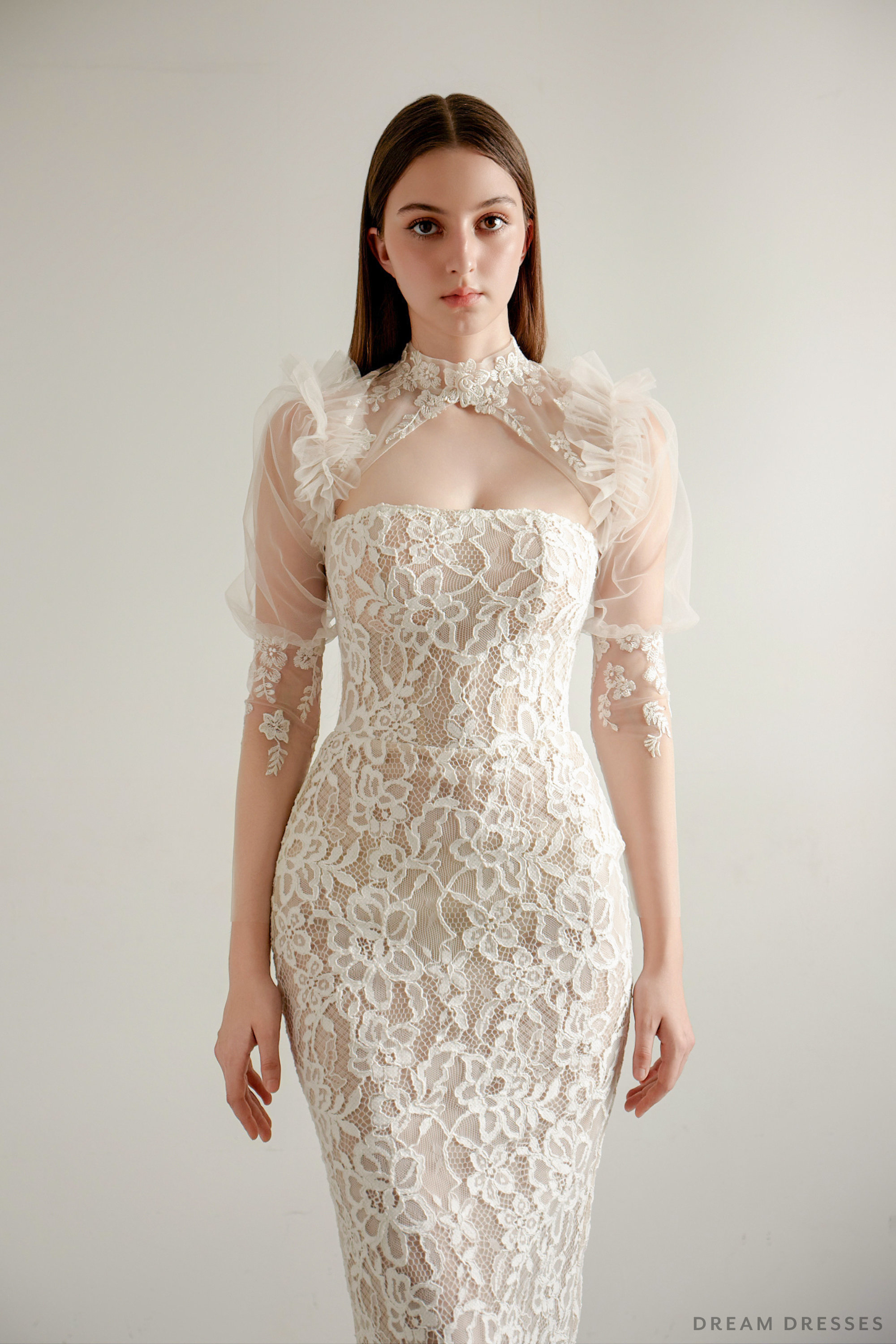 DreamDress By PMN Anne Wedding Cape Ruffles Shoulder High Neck Couture Lace Long Sleeves | Size: 4 DreamDress By PMN Anne Wedding Cape Ruffles Shoulder High Neck Couture Lace Long Sleeves | Size: 4