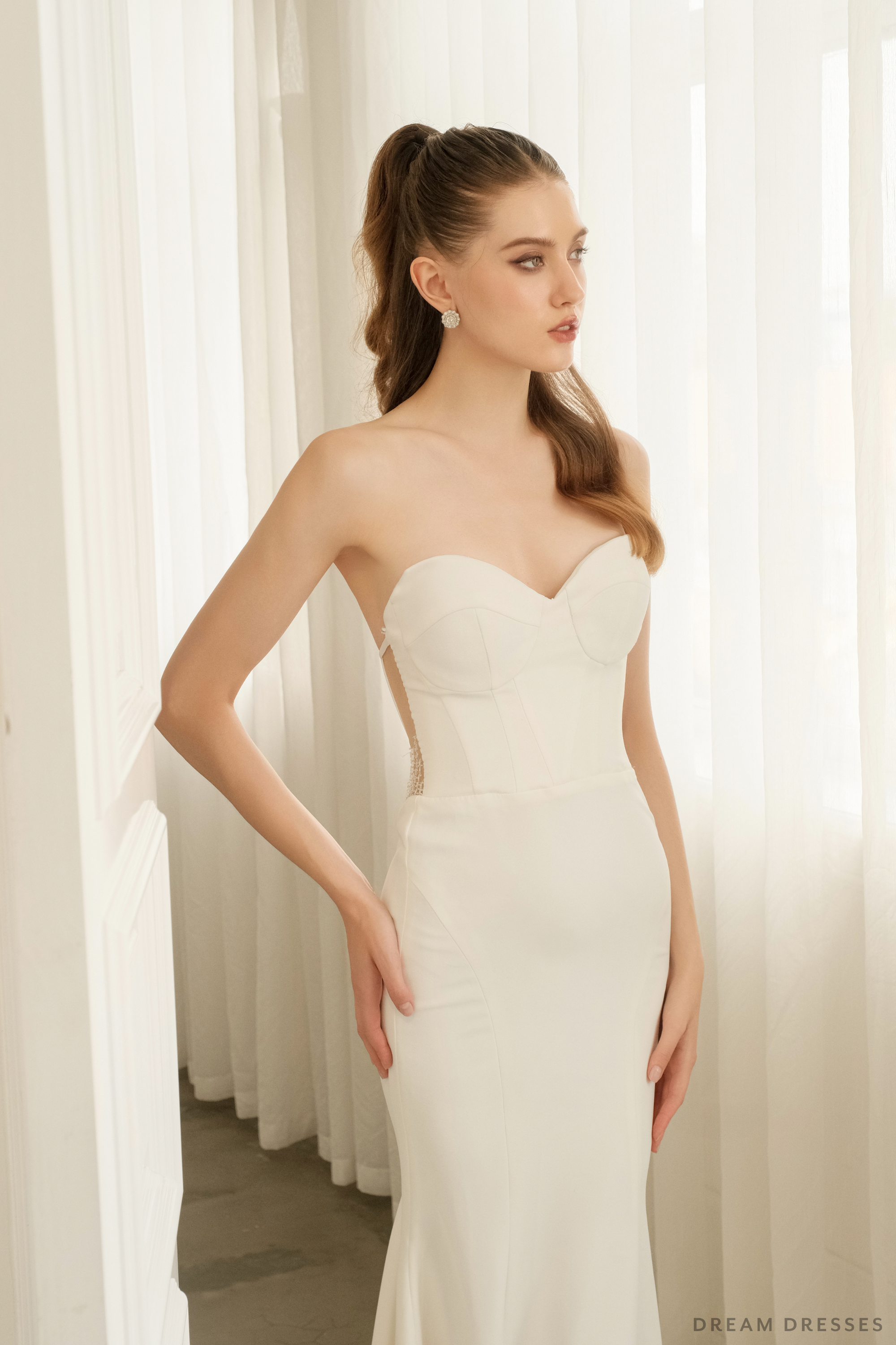 DreamDress By PMN Natasha Mermaid Trumpet Wedding Dress Gown Minimalist Strapless Illusion Back Corset Bodice Sleeveless Chapel Train