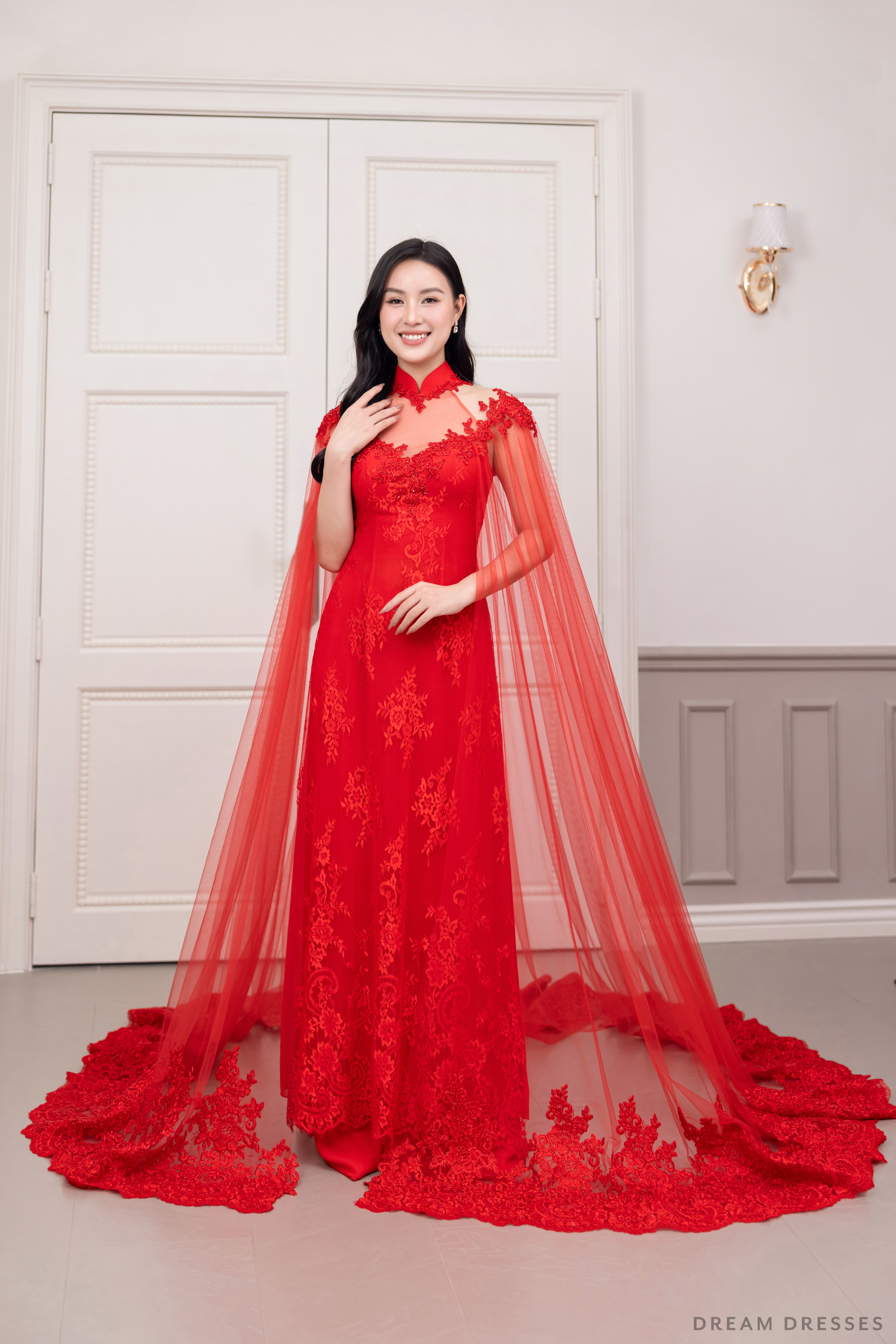 Red Bridal Ao Dai with Cape Sleeves | Vietnamese Bridal Dress (#SHANG)