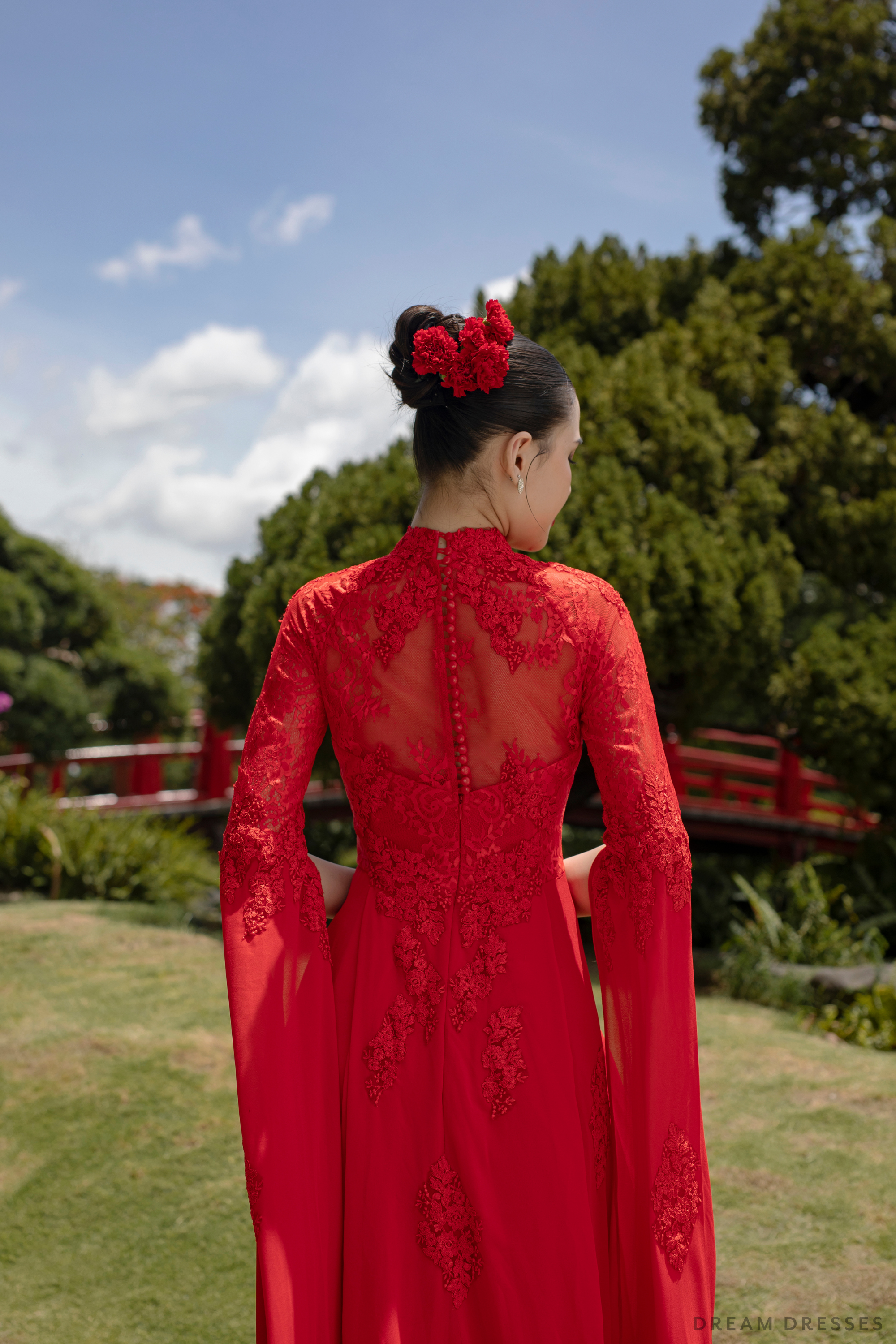 Red Bridal Ao Dai | Modern Vietnamese Bridal Dress with Couture Lace (#NOA)