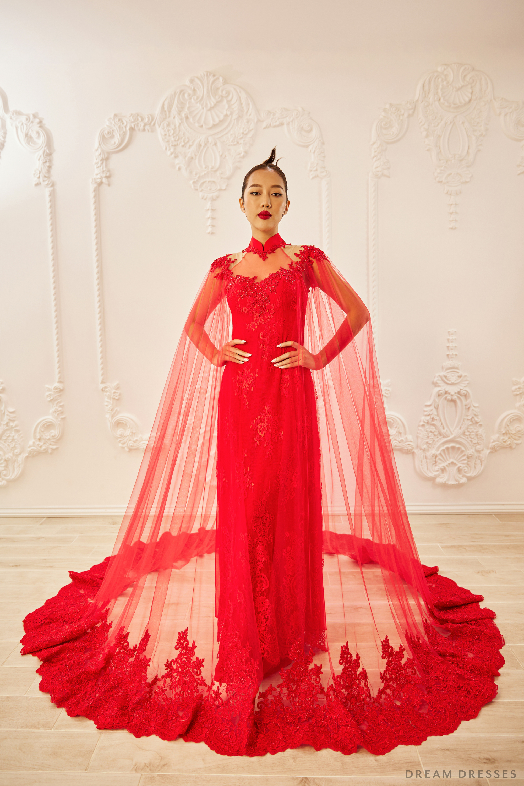 Red Bridal Ao Dai with Cape Sleeves | Vietnamese Bridal Dress (#SHANG)