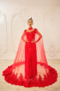 Red Bridal Ao Dai with Cape Sleeves | Vietnamese Bridal Dress (#SHANG) - Dream Dresses by P.M.N.