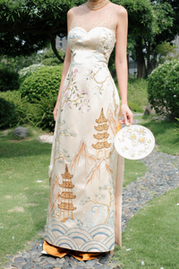 Champagne Bridal Embroidery Ao Dai | Modern Vietnamese Bridal Dress (#MEILYN) - Dream Dresses by P.M.N.