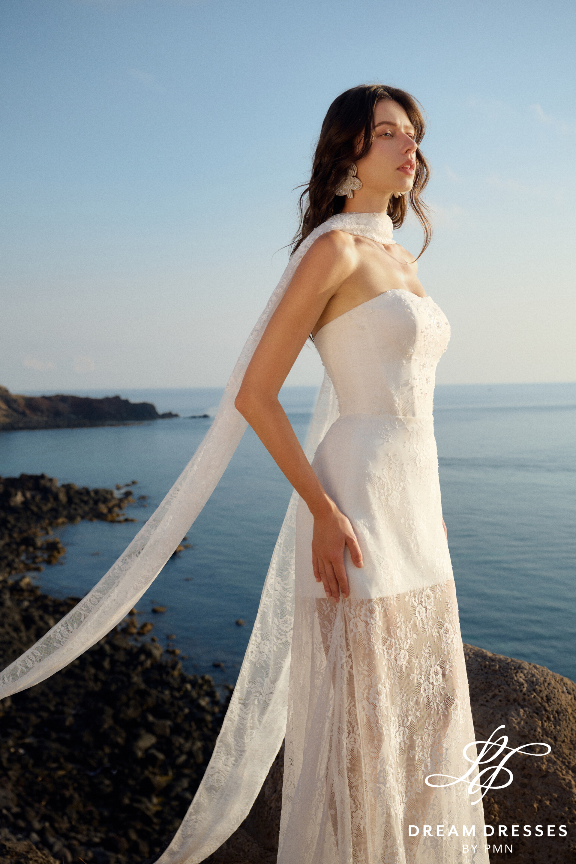 Strapless Lace Reception Dress with Scarf (#CORAL)
