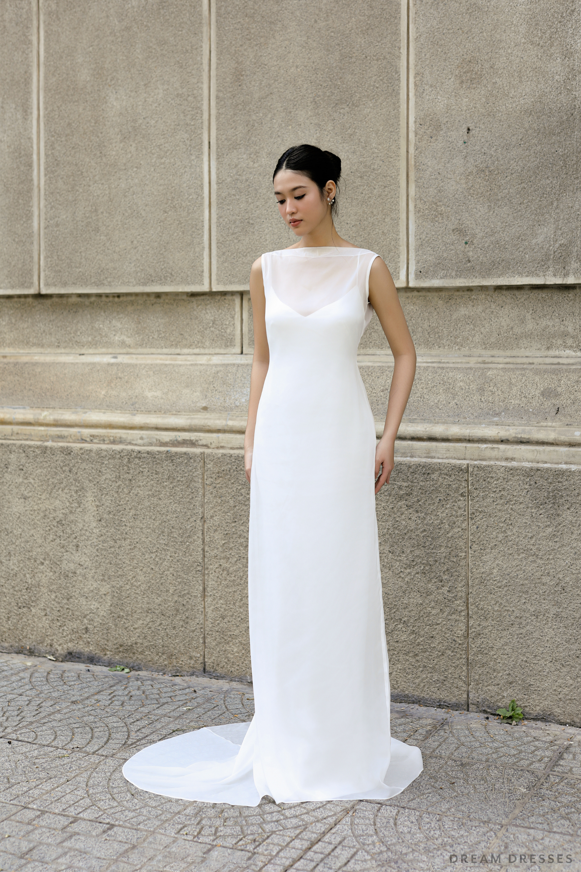 DreamDress By PMN Celestia Wedding Guest Evening Dinner Cocktail Party Dress Slip Rehearsal Silk Satin Spaghetti Straps Deep V-Back