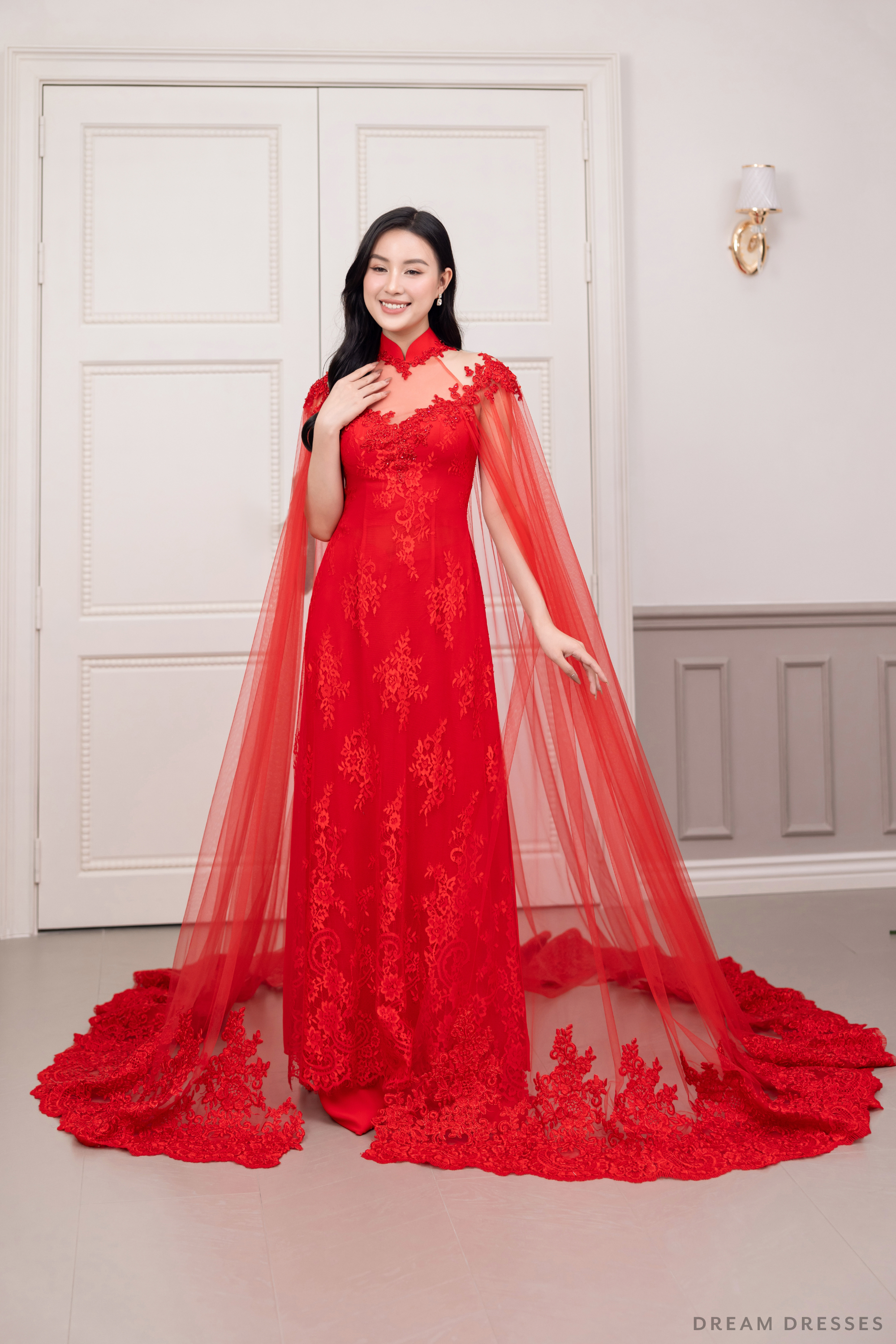 Red Bridal o Di with Tulle Cape | Vietnamese Wedding Dress Shang Red Bridal o Di with Tulle Cape | Vietnamese Wedding Dress Shang