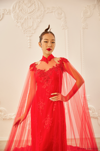 Red Bridal Ao Dai with Cape Sleeves | Vietnamese Bridal Dress (#SHANG) - Dream Dresses by P.M.N.