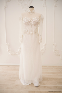White Bridal Ao Dai | Vietnamese Traditional Bridal Dress with 3D Lace (#JANG) - Dream Dresses by P.M.N.