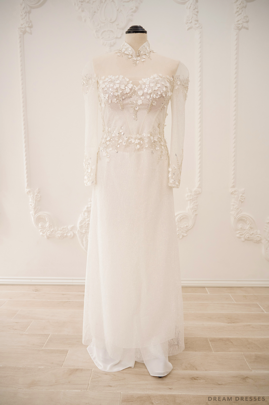 White Bridal Ao Dai | Vietnamese Traditional Bridal Dress with 3D Lace (#JANG) - Dream Dresses by P.M.N.