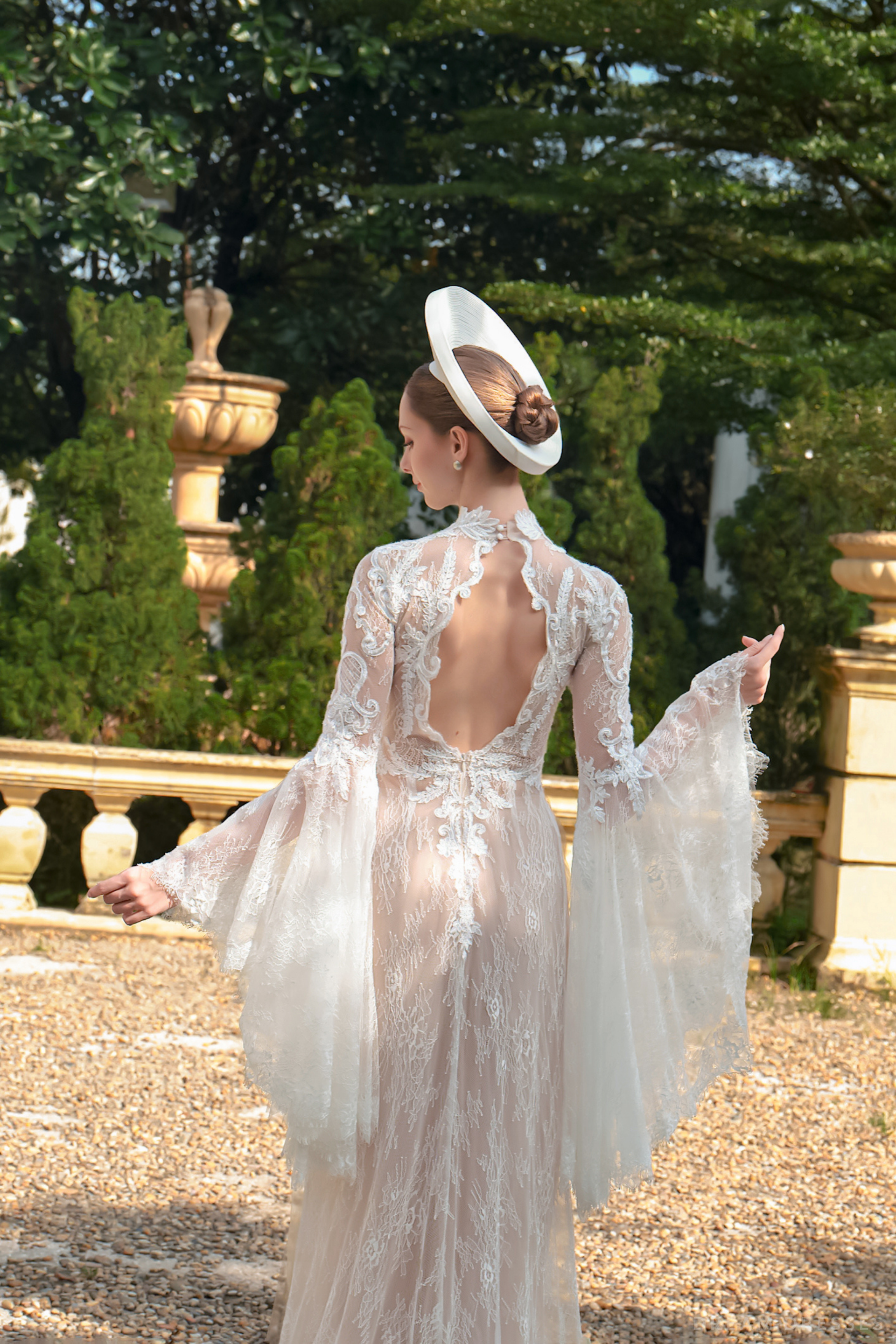 DreamDress By PMN Rubina Ao Dai Inspired White Wedding Dress Gown Illusion Bolero Neckline Open Back Corset Couture French Lace Chapel