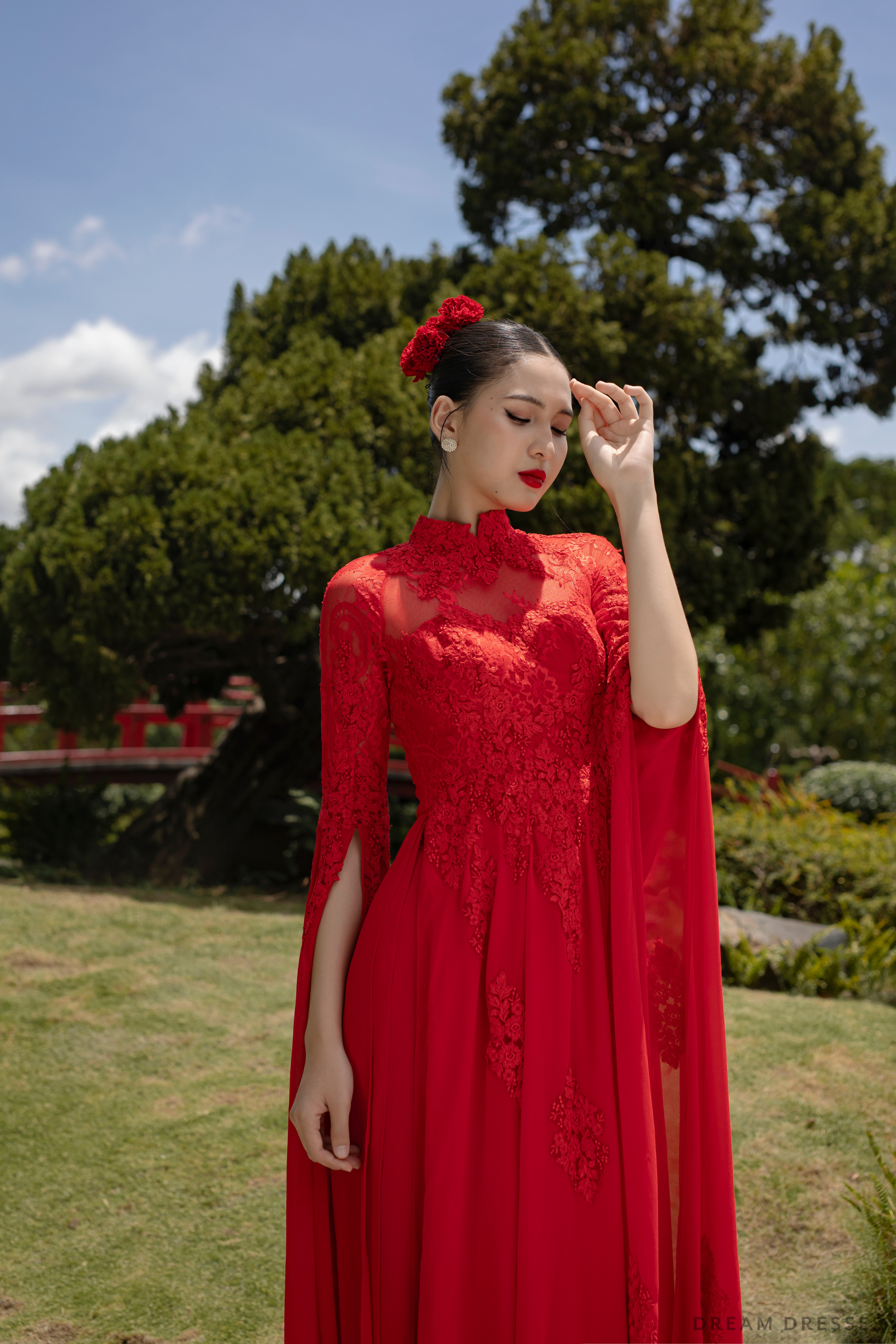 Red Bridal Ao Dai | Modern Vietnamese Bridal Dress with Couture Lace (#NOA)