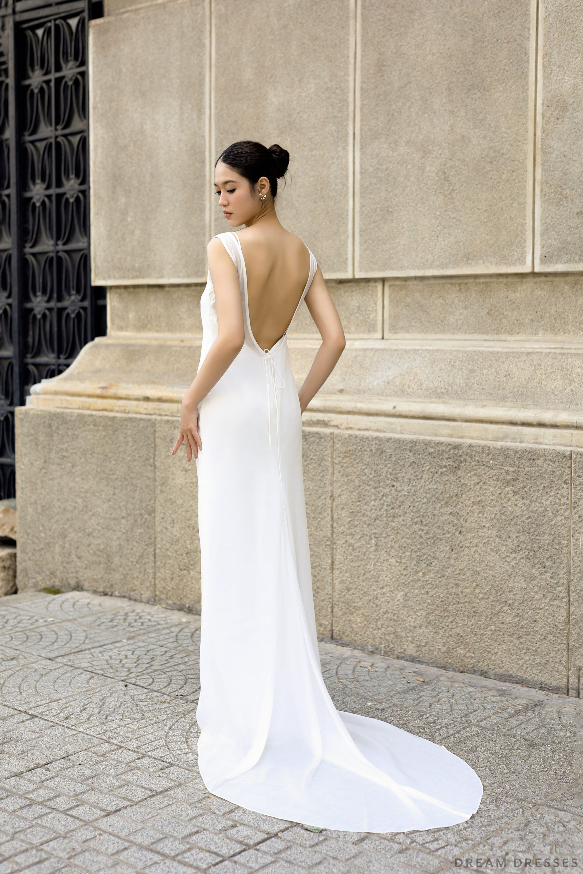 DreamDress By PMN Celestia Wedding Guest Evening Dinner Cocktail Party Dress Slip Rehearsal Silk Satin Spaghetti Straps Deep V-Back