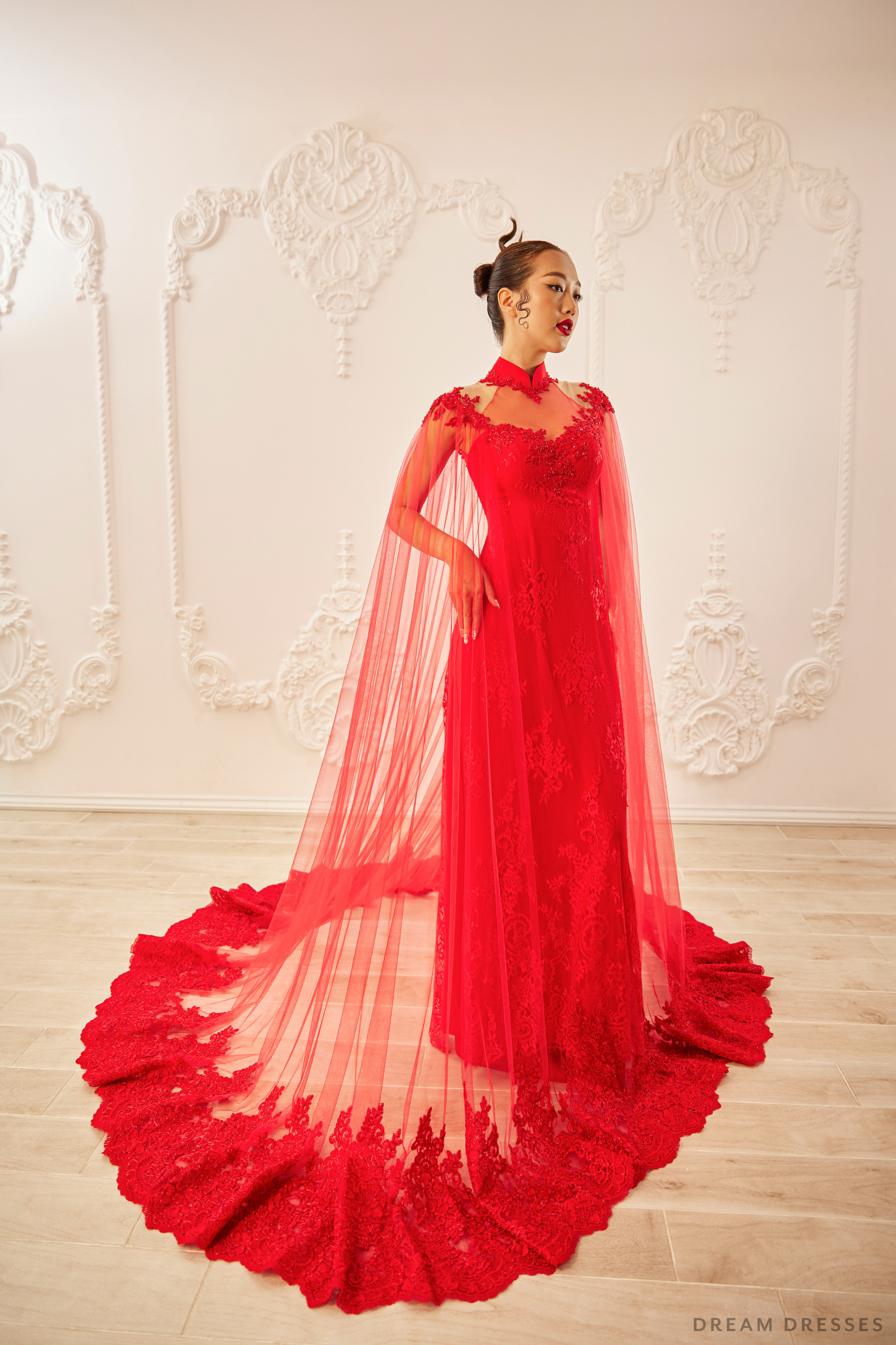 Red Bridal Ao Dai with Cape Sleeves | Vietnamese Bridal Dress (#SHANG)