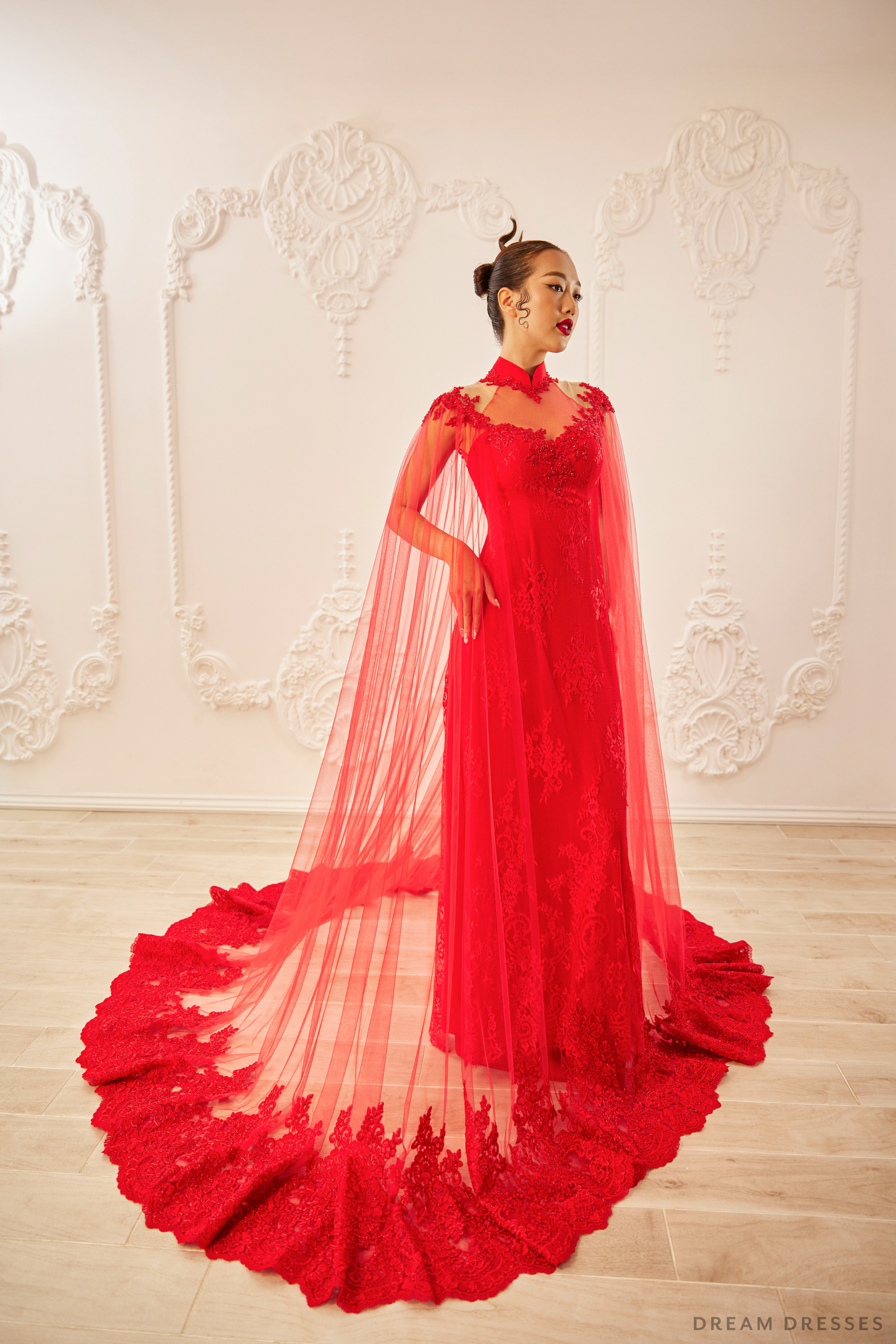 Red Bridal Ao Dai with Cape Sleeves | Vietnamese Bridal Dress (#SHANG) - Dream Dresses by P.M.N.