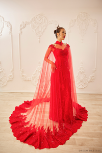 Red Bridal Ao Dai with Cape Sleeves | Vietnamese Bridal Dress (#SHANG) - Dream Dresses by P.M.N.