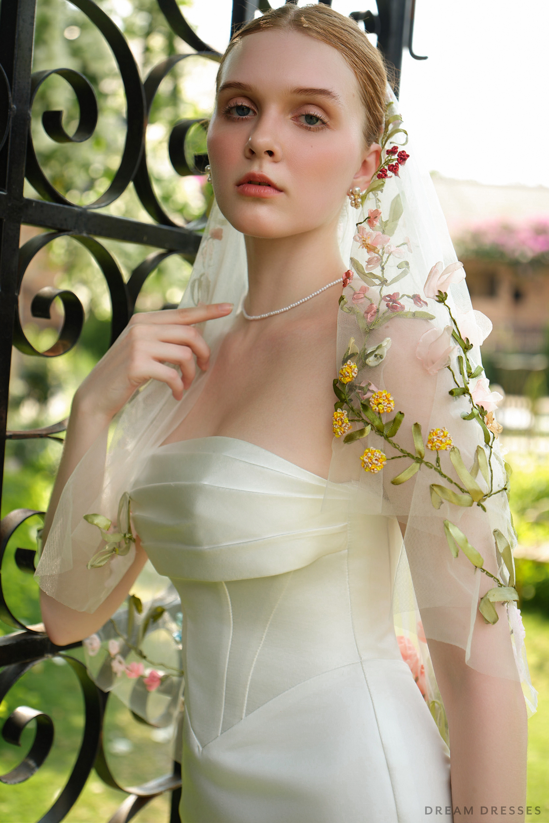 Fingertip Veil with 3D Floral & Ribbon Embellishment (#VALERIA) - Dream Dresses by P.M.N.