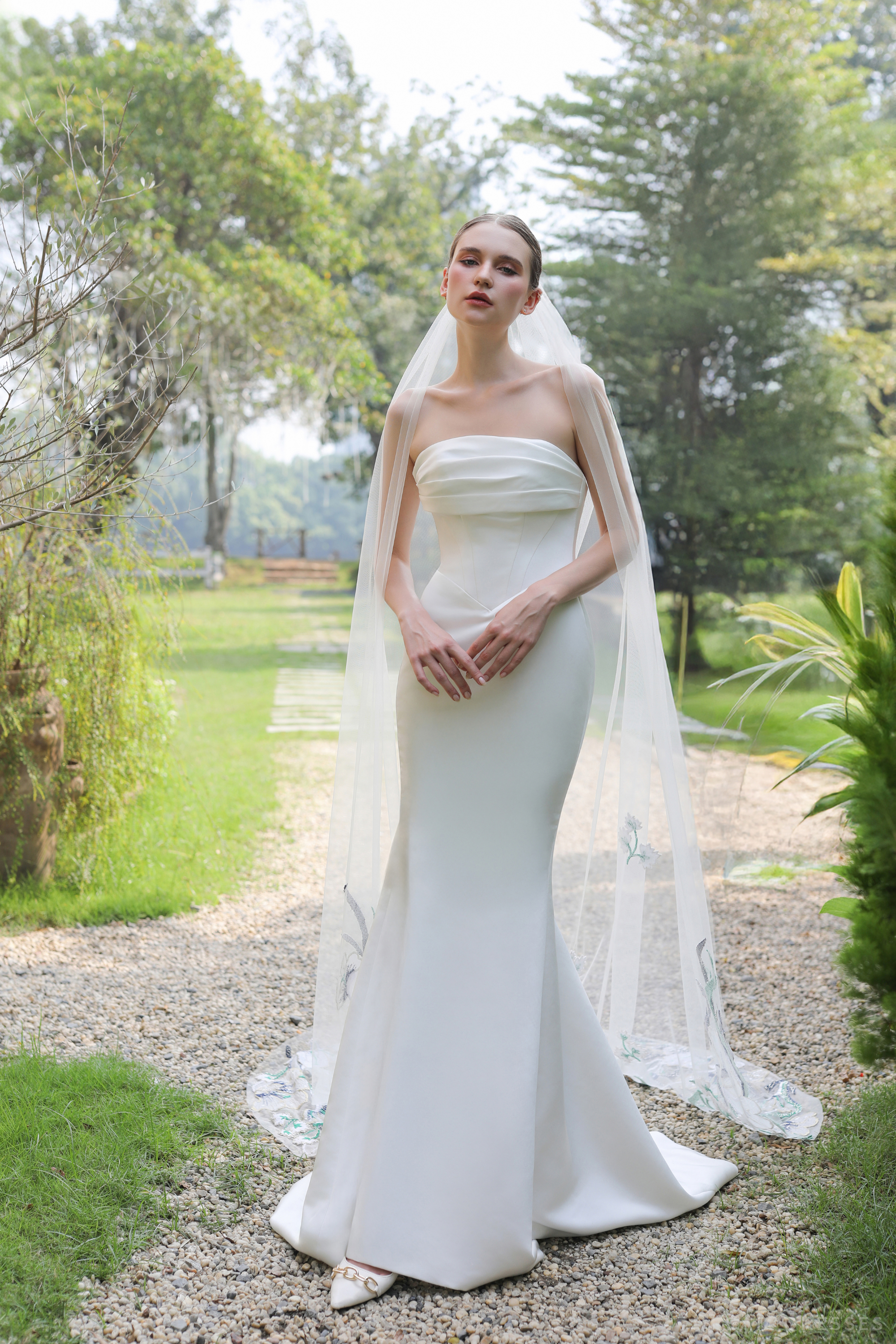 Chapel Bridal Veil with Floral Lace  (#AUDREY) - Dream Dresses by P.M.N.