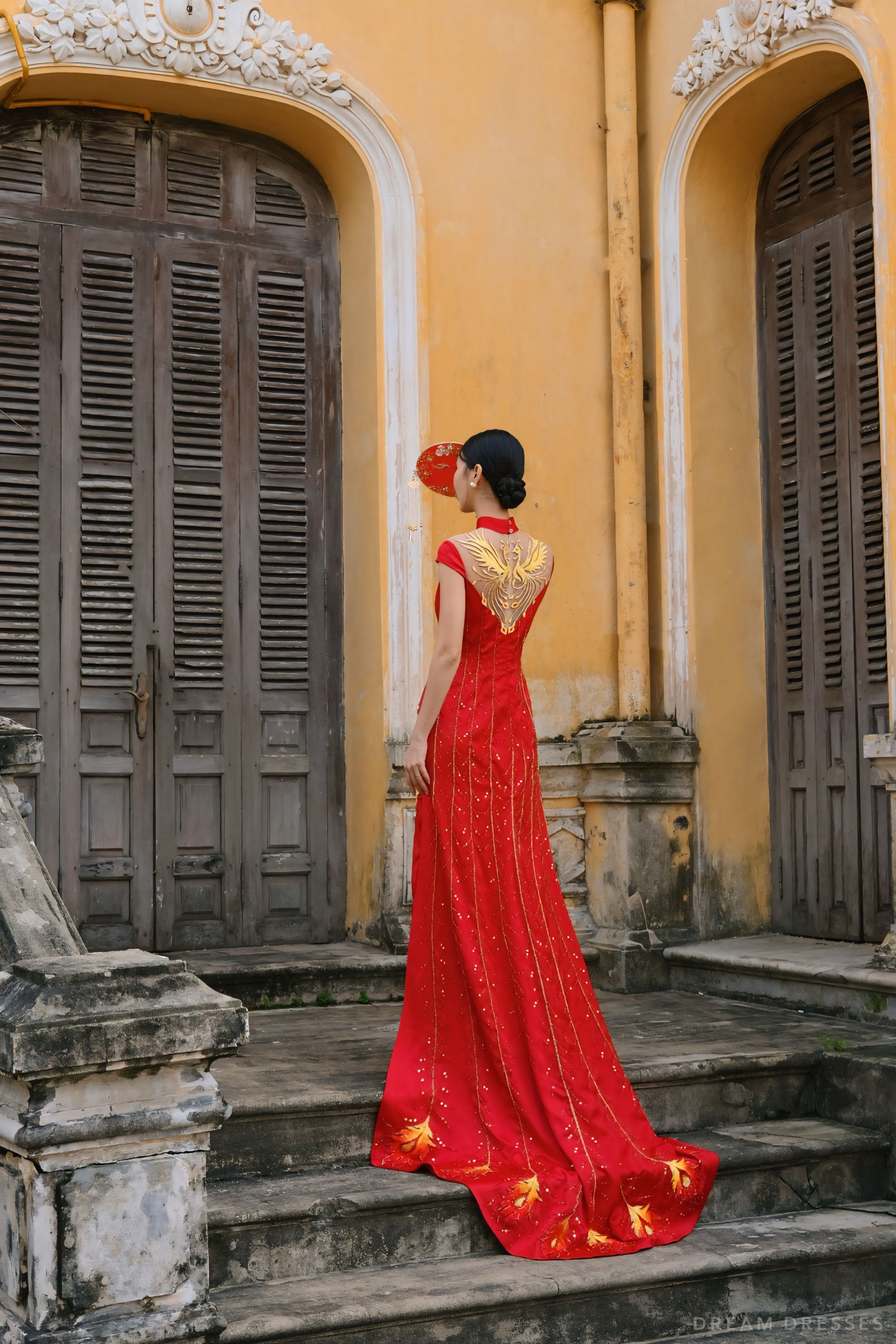 DreamDress By PMN Lanie Chinese Cheongsam Inspired Wedding Dress Gown Illusion Neckline Back Golden Phoenix Embellishments Chapel DreamDress By PMN Lanie Chinese Cheongsam Inspired Wedding Dress Gown Illusion Neckline Back Golden Phoenix Embellishments Chapel
