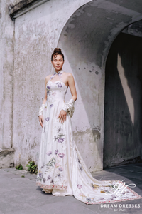 Ivory Ao Dai with Color Lace (#QUYNH) - Dream Dresses by P.M.N.