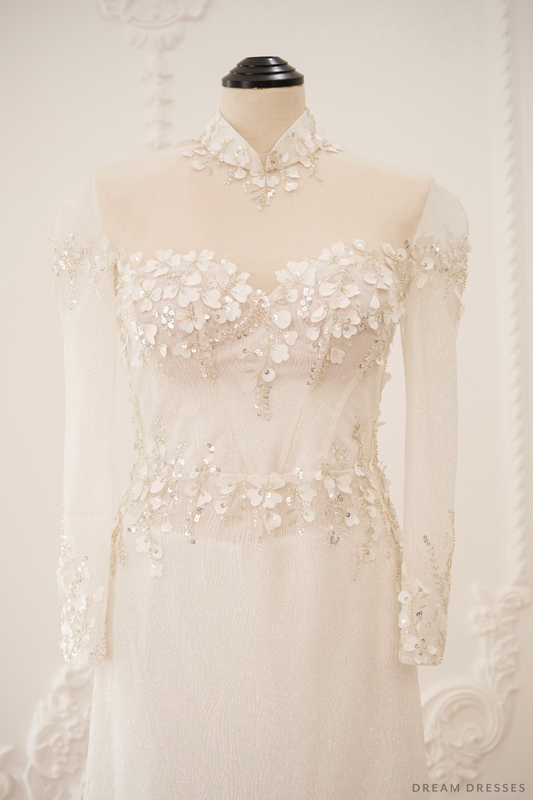White Bridal Ao Dai | Vietnamese Traditional Bridal Dress with 3D Lace (#JANG) - Dream Dresses by P.M.N.