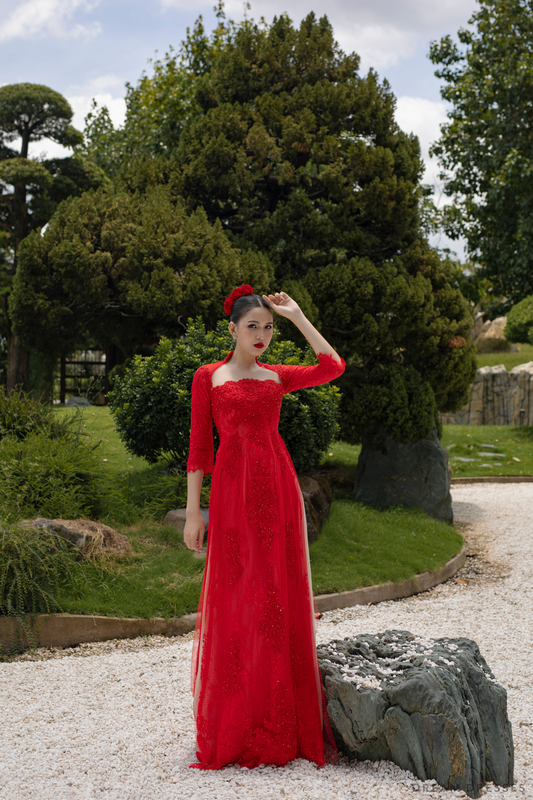 Red Bridal Ao Dai | Modern Vietnamese Bridal Dress with Couture Lace (#STEFANIA) - Dream Dresses by P.M.N.