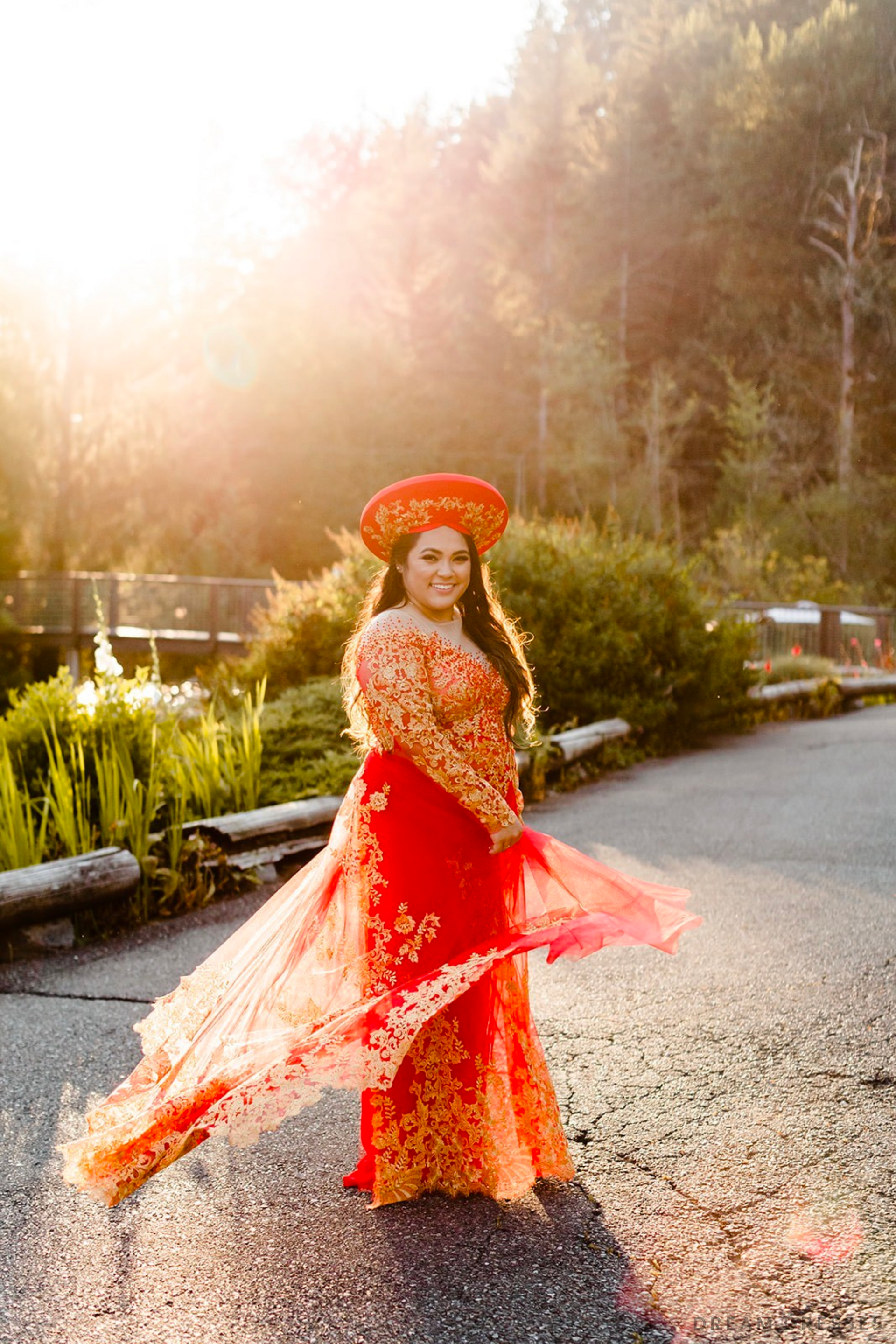 Red Bridal Ao Dai with Gold Lace | Vietnamese Bridal Dress (#FIORELLA) - Dream Dresses by P.M.N.