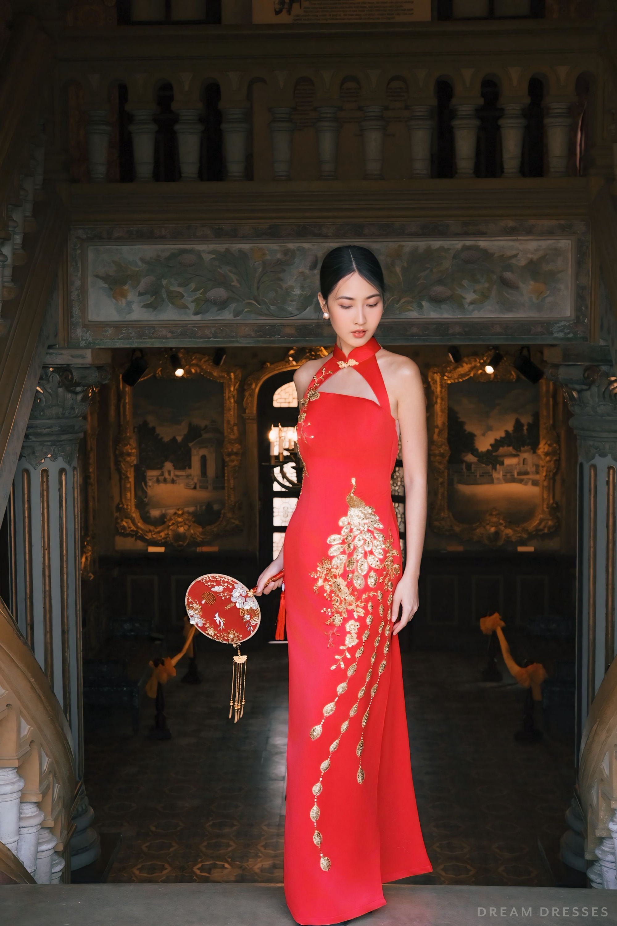 DreamDress By PMN Mae Chinese Cheongsam Inspired Wedding Dress Gown Cut-Out Neckline Illusion Back Golden Phoenix Lace Embellishments | Size: 18 DreamDress By PMN Mae Chinese Cheongsam Inspired Wedding Dress Gown Cut-Out Neckline Illusion Back Golden Phoenix Lace Embellishments | Size: 18