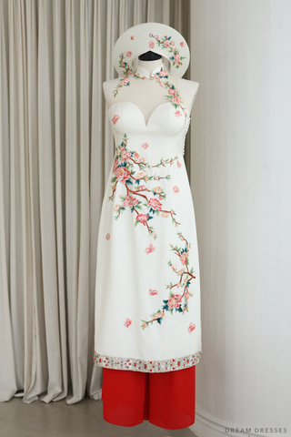 Cheongsam-Inspired Ao Dai | Ivory Silk Ao Dai with Embroidery (#YUE) - Dream Dresses by P.M.N.