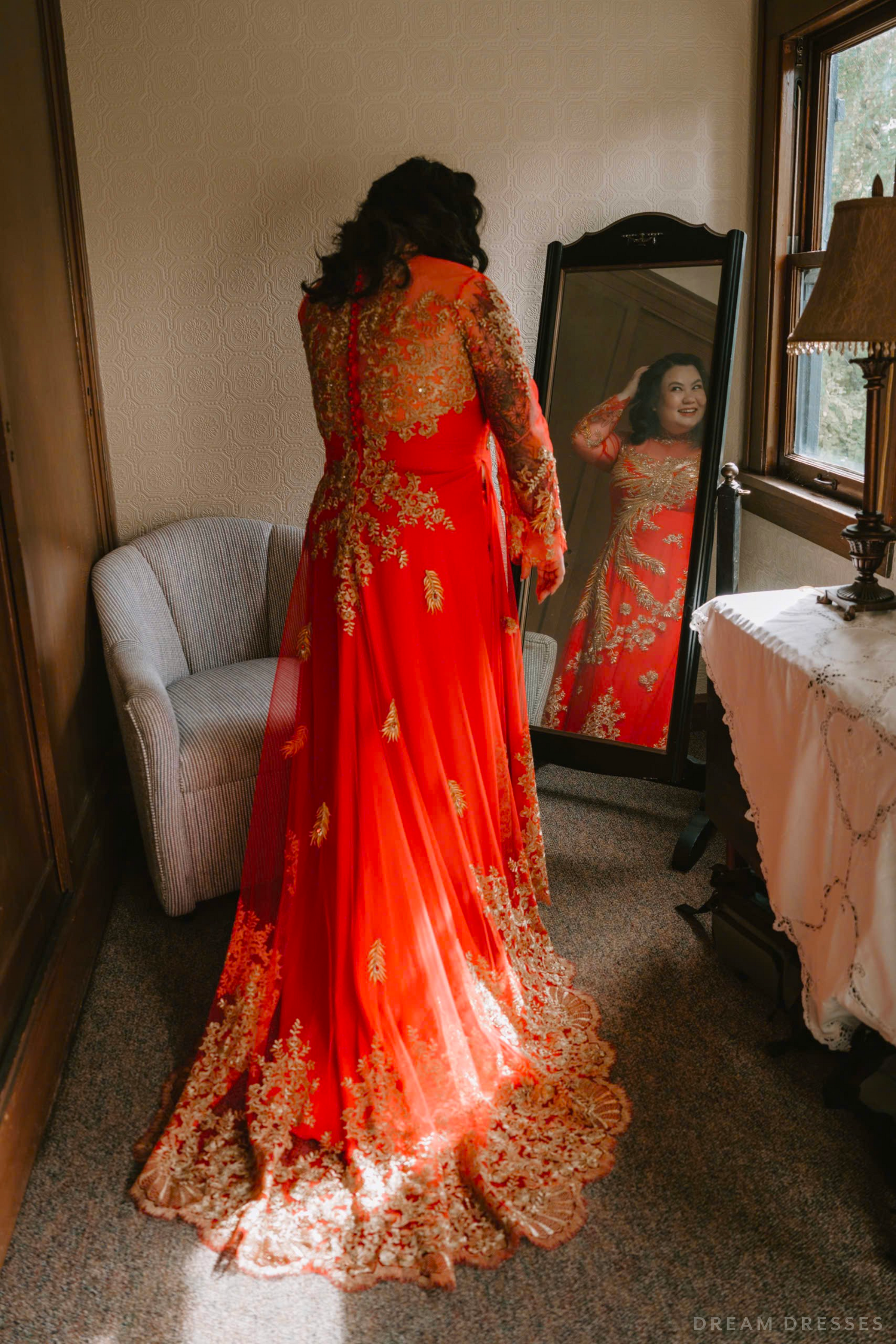Red Bridal Ao Dai | Vietnamese Modern Bridal Dress with Phoenix Embroidery (#LYS) - Dream Dresses by P.M.N.