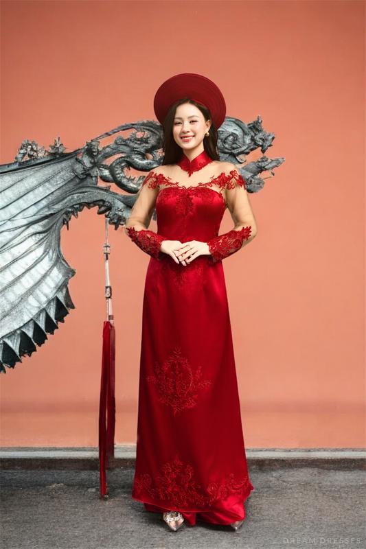 Red Bridal Ao Dai with Couture Lace | Vietnamese Bridal Dress (#AMINA) - Dream Dresses by P.M.N.